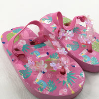 Flowers & Birds Pink Flip Flops - Girls - Shoe Size 4