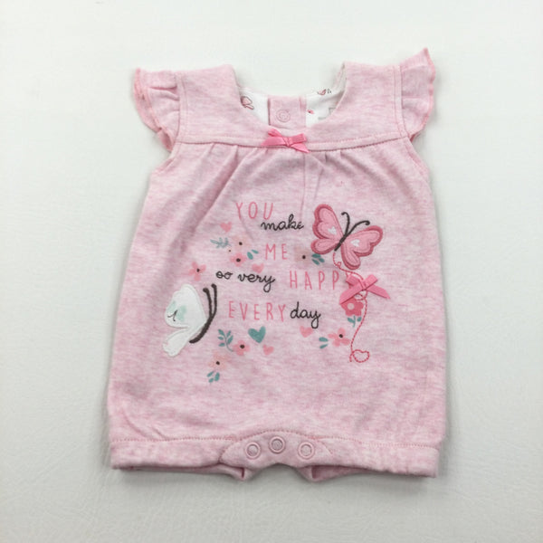 'You Make Me Very Happy…' Butterflies Appliqued Pink Mottled Jersey Short Romper - Girls Newborn