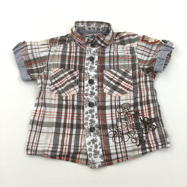 '1968' Flowers Embroidered & Appliqued Grey, White & Orange Checked Cotton Shirt - Boys 3-6 Months