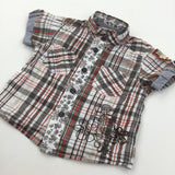 '1968' Flowers Embroidered & Appliqued Grey, White & Orange Checked Cotton Shirt - Boys 3-6 Months