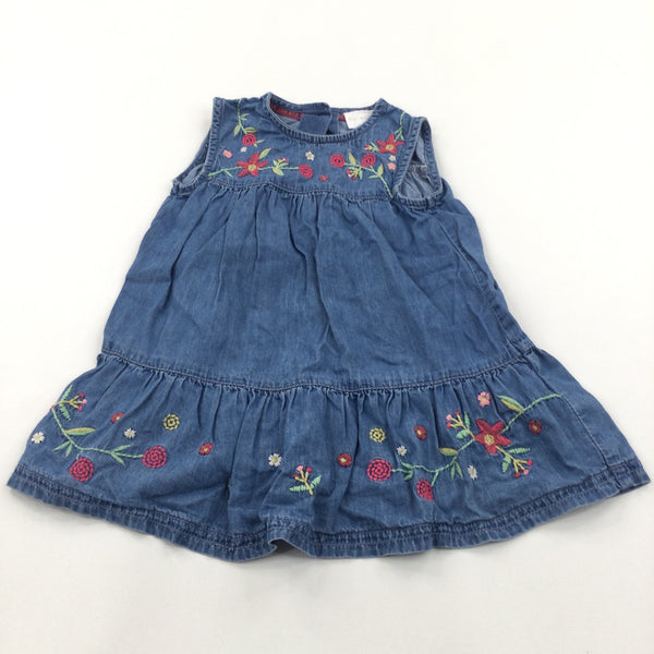 Flowery Embroidered Denim Effect Dress - Girls 9-12 Months