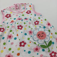 Flower Appliqued Colourful Pink & White Lightweight Jersey Dress - Girls 3-6 Months