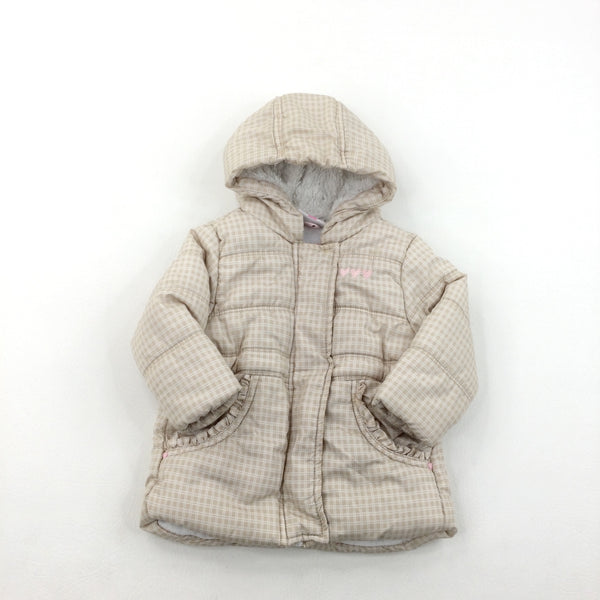 Patterned White & Beige Thick Coat - Girls 6-9 Months