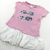 'On The Road To Adventure' Caravans Appliqued Pink & White Tunic Top - Girls 18-24 Months