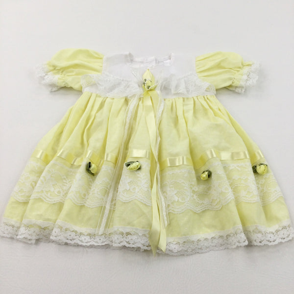 Lacey Yellow & White Handmade Cotton Sun/Party Dress with Appliqued Flowers & Bows - Girls 9-12 Months