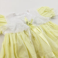 Lacey Yellow & White Handmade Cotton Sun/Party Dress with Appliqued Flowers & Bows - Girls 9-12 Months