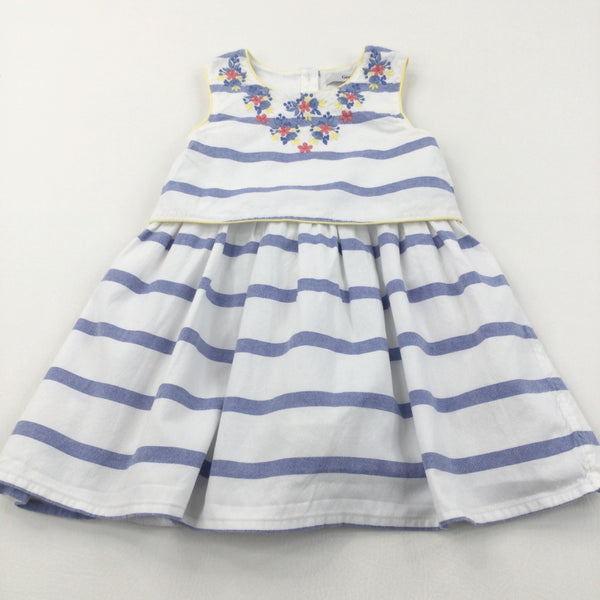 'Flowers Embroidered Blue & White Cotton Sun/Party Dress - Girls 2-3 Years