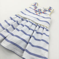 'Flowers Embroidered Blue & White Cotton Sun/Party Dress - Girls 2-3 Years