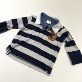 '3' Navy & Grey Striped Rugby Shirt Style Long Sleeve Top - Boys 0-3 Months