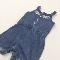 Flowers Embroidered Denim Effect Cotton Playsuit - Girls 2-3 Years