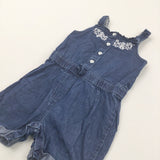Flowers Embroidered Denim Effect Cotton Playsuit - Girls 2-3 Years