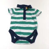 Navy, Green & White Striped Polo Shirt Style Short Sleeve Bodysuit - Boys 0-3 Months