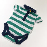 Navy, Green & White Striped Polo Shirt Style Short Sleeve Bodysuit - Boys 0-3 Months