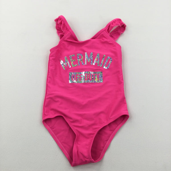 'Mermaid Off Duty' Sparkly Bright Pink Swimming Costume - Girls 2-3 Years
