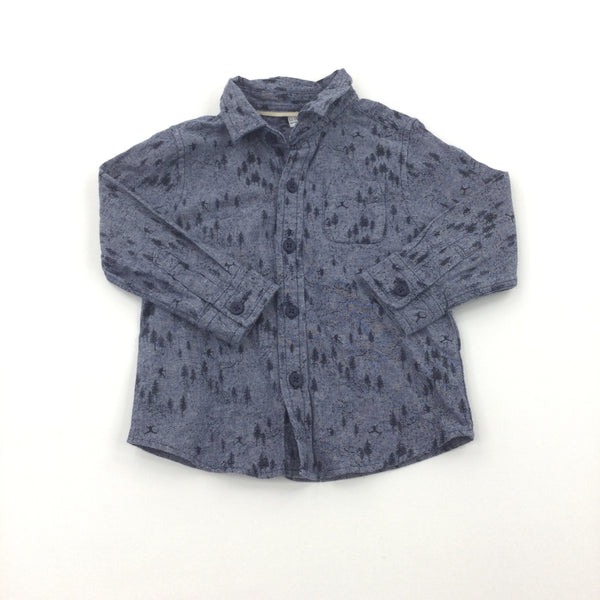 Skiers & Trees Blue Cotton Long Sleeve Shirt - Boys 12-18 Months