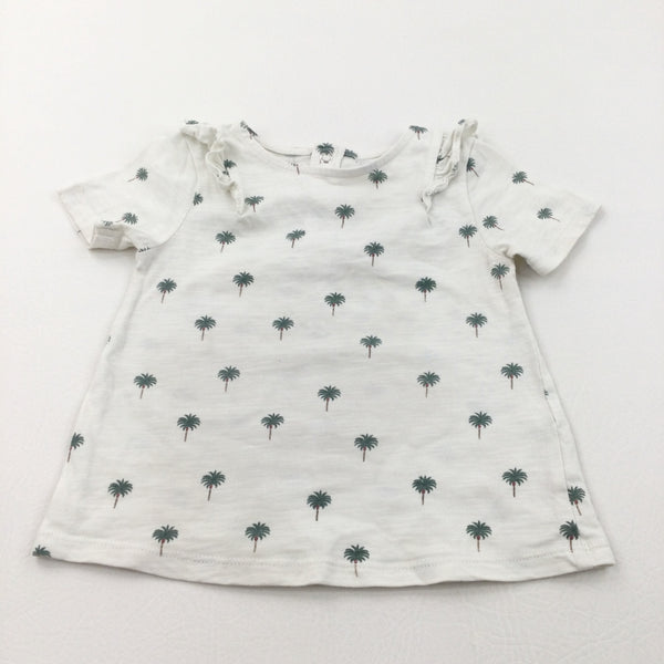Palm Trees Green & Cream T-Shirt with Frill Detail - Girls 12-18 Months