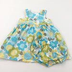 Flowers Blue, White & Yellow Cotton Sun Dress & Matching Nappy Pants - Girls 12-18 Months