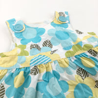 Flowers Blue, White & Yellow Cotton Sun Dress & Matching Nappy Pants - Girls 12-18 Months
