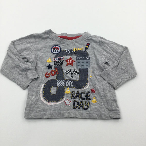 'Race Day' Racing Track Embroidered Grey Long Sleeve Top - Boys 9-12 Months