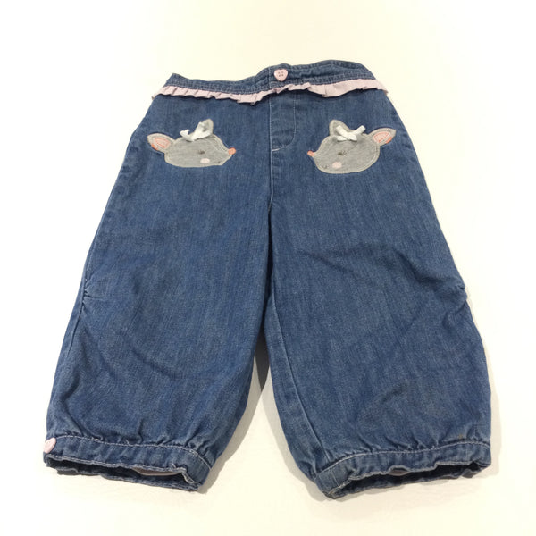 Deer Appliqued Mid Blue Lined Denim Pull On Jeans - Girls 12-18 Months