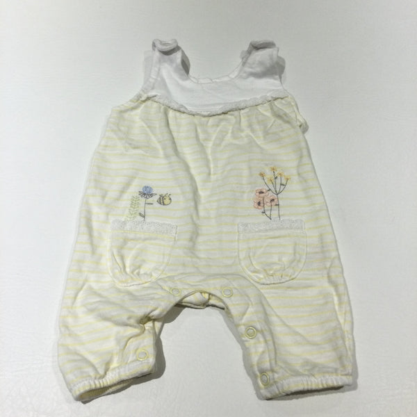 Flowers & Bees Embroidered Yellow & White Jersey Dungarees - Girls Newborn