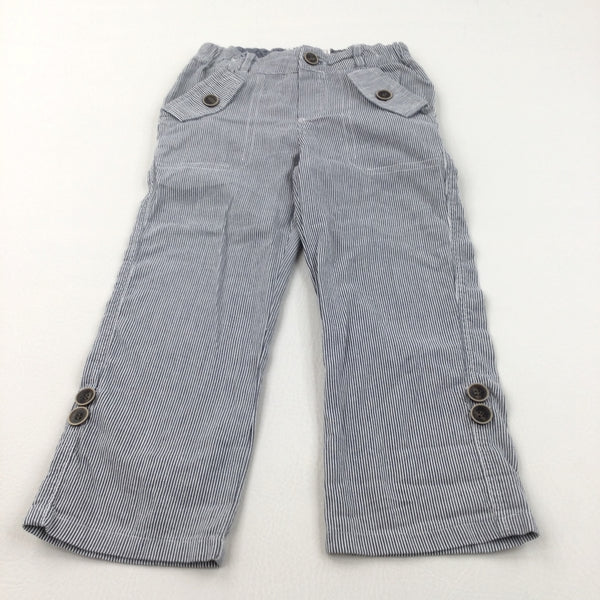 Grey & White Striped Lightweight Cotton Trousers with Adjustable Waistband - Boys 2-3 Years