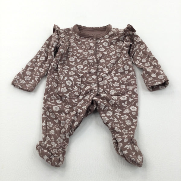 Flowers Brown Babygrow with Integrated Mitts - Girls Tiny Baby