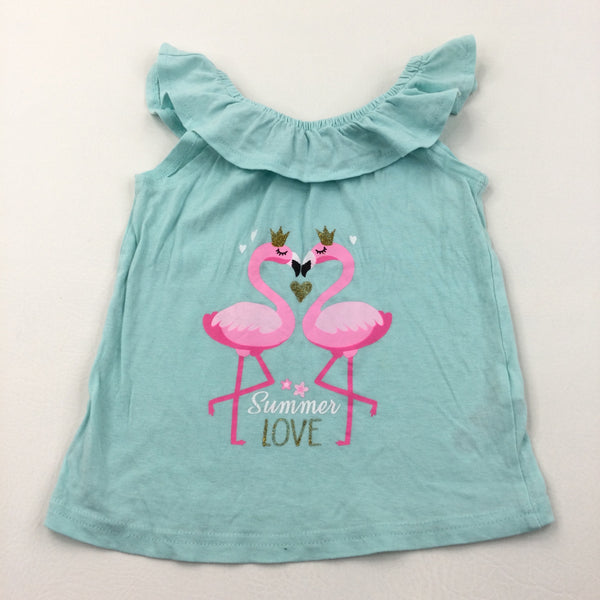'Summer Love' Flamingoes Pale Blue T-Shirt - Girls 5-6 Years
