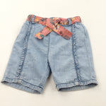Light Blue Lightweight Denim Shorts with Colourful Tie Front Fabric Waistband - Girls 2-3 Years