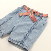 Light Blue Lightweight Denim Shorts with Colourful Tie Front Fabric Waistband - Girls 2-3 Years