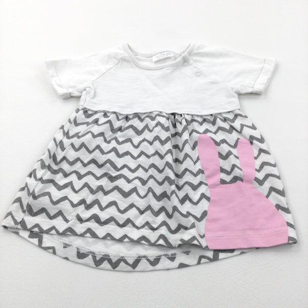 Rabbit Pink, Grey & White Jersey Dress - Girls 0-3 Months