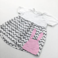 Rabbit Pink, Grey & White Jersey Dress - Girls 0-3 Months