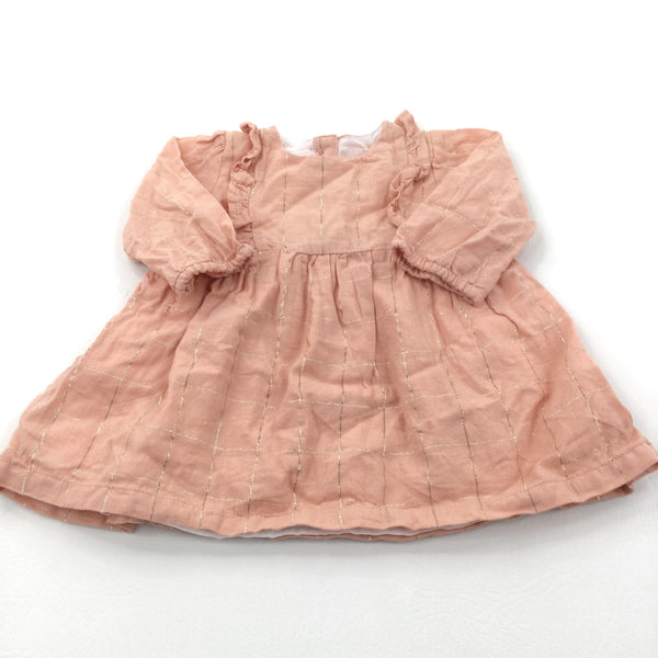 Gold Thread Peach Cotton Dress - Girls 0-3 Months