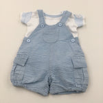 Bear Badge Blue Striped Cotton Short Dungarees & White & Blue Short Sleeve Bodysuit Set - Boys 0-3 Months