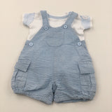 Bear Badge Blue Striped Cotton Short Dungarees & White & Blue Short Sleeve Bodysuit Set - Boys 0-3 Months