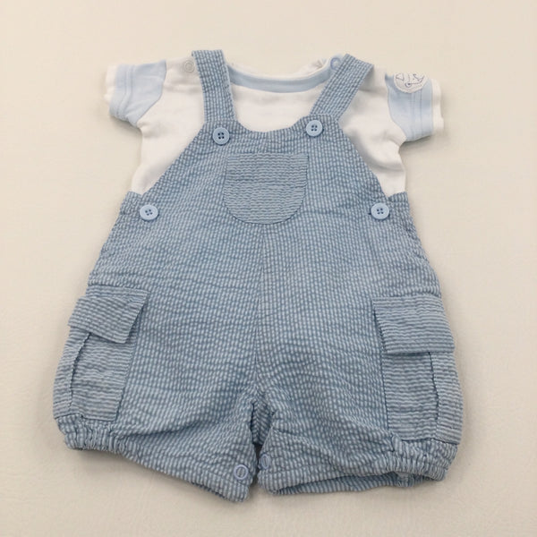 Bear Badge Blue Striped Cotton Short Dungarees & White & Blue Short Sleeve Bodysuit Set - Boys 0-3 Months