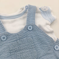 Bear Badge Blue Striped Cotton Short Dungarees & White & Blue Short Sleeve Bodysuit Set - Boys 0-3 Months