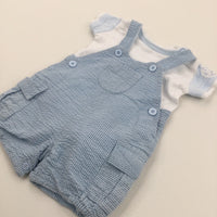 Bear Badge Blue Striped Cotton Short Dungarees & White & Blue Short Sleeve Bodysuit Set - Boys 0-3 Months