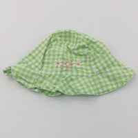 Flowers Embroidered Green & White Checked Cotton Sun Hat - Girls 0-3 Months