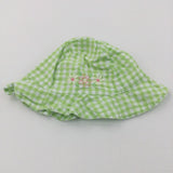 Flowers Embroidered Green & White Checked Cotton Sun Hat - Girls 0-3 Months