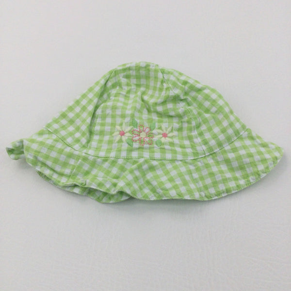 Flowers Embroidered Green & White Checked Cotton Sun Hat - Girls 0-3 Months