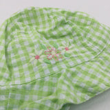 Flowers Embroidered Green & White Checked Cotton Sun Hat - Girls 0-3 Months