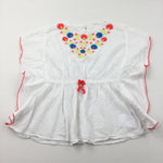 Flowers Embroidered Sheer White Cotton Batwing Tunic Top - Girls 8-9 Years