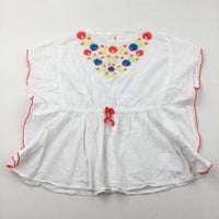 Flowers Embroidered Sheer White Cotton Batwing Tunic Top - Girls 8-9 Years