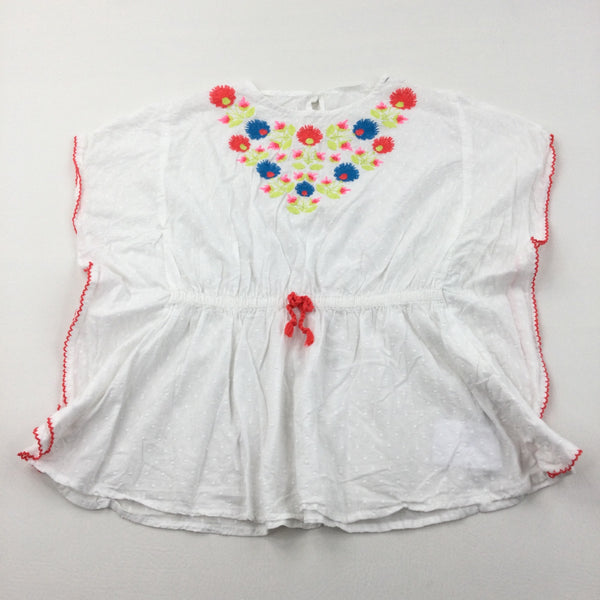 Flowers Embroidered Sheer White Cotton Batwing Tunic Top - Girls 8-9 Years