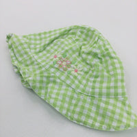 Flowers Embroidered Green & White Checked Cotton Sun Hat - Girls 0-3 Months