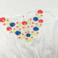 Flowers Embroidered Sheer White Cotton Batwing Tunic Top - Girls 8-9 Years