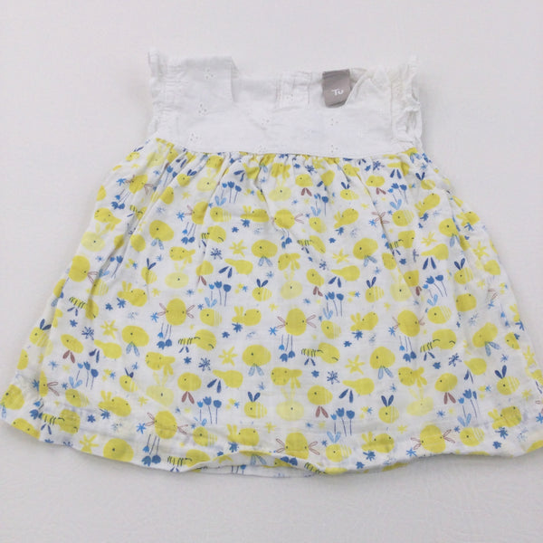 Bees Yellow, Blue & White Cotton Sun Dress - Girls 0-3 Months