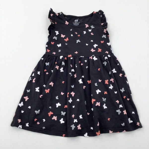 Butterflies Charcoal Cotton Short Sleeve Dress - Girls 2-3 Years
