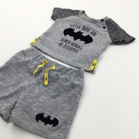 'Little Boys Are Super Heroes In Disguise' Batman Black, Yellow & Grey T-Shirt & Shorts Set - Boys 3-6 Months